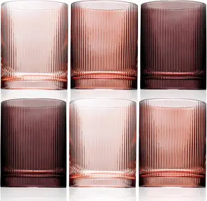 Physkoa 6-Piece Brown Ribbed Glassware Set | 12oz Vintage Drinking Tumblers for Home Bar, Coffee, Cocktails & Gifts