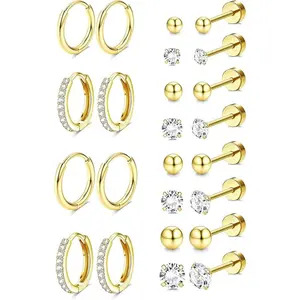 Trendy Gold Stud Hoop Earrings for Women, Hypoallergenic Surgical Steel Earrings for Sensitive Ears, Comfortable Flat Back Earring for Sleeping/Daily, Nickel-Free Cartilage Earring Stack Set for Multiple Piercing Jewelry 12Pairs