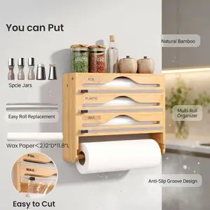 "3-Slot Bamboo Wrap Dispenser"-Clutter-Free Wall Mount-kitchen drawer organizer natural wood space-saving,plastic packaging,kitchen organization,storage organization solution,adjustable bamboo cutlery organizer,pantry organization,home kitchenware