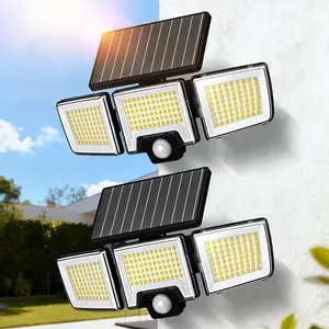 【2-Pack】Solar Motion Sensor Outdoor Light, 3-Head 300 LED Security Floodlight with Remote Control, IP65 Waterproof Adjustable Wall Lamp, Solar Powered Exterior Light for Garden, Garage, Yard, Porch, Driveway