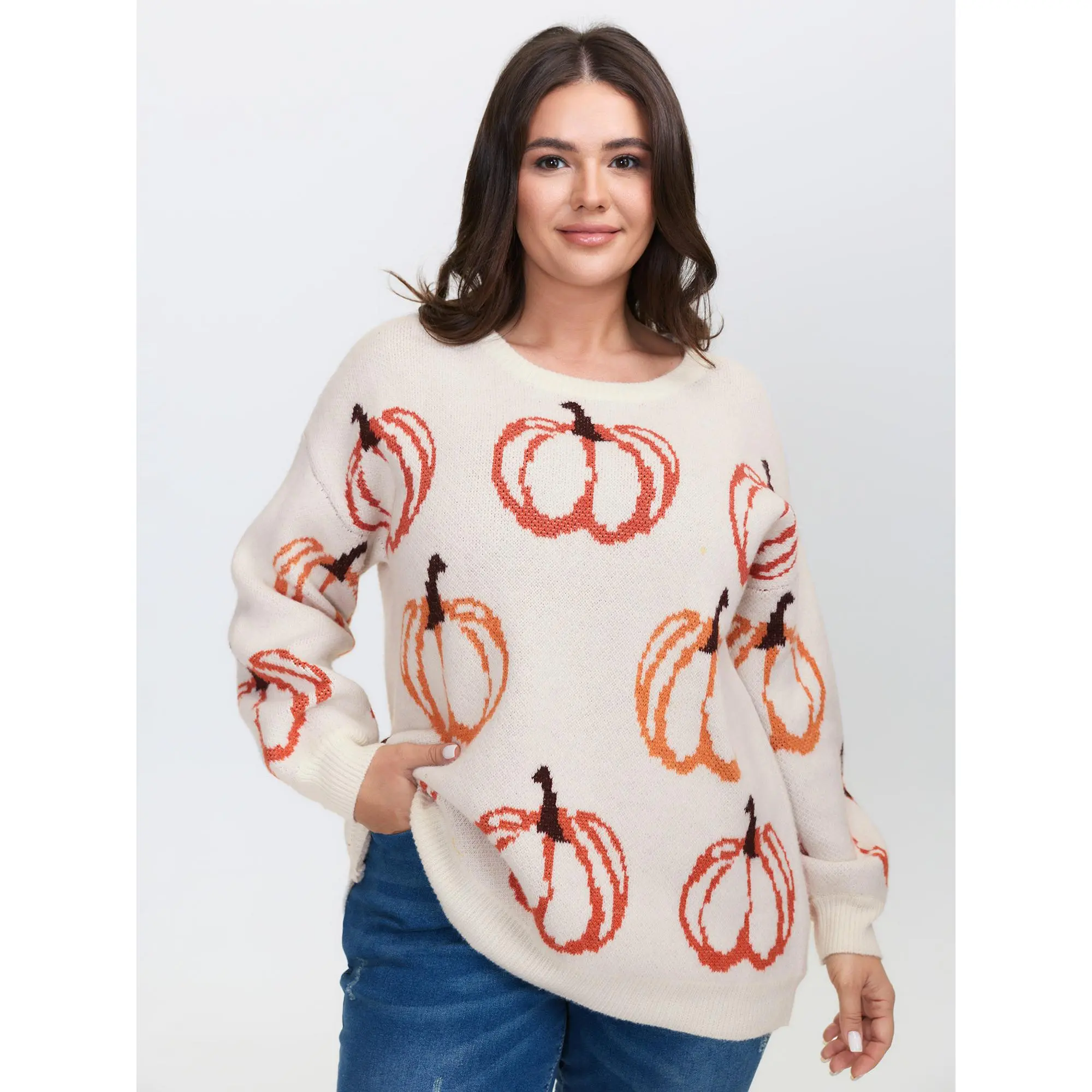 BloomChic Women's Plus Size Halloween Pumpkin Jacquard Knit Sweater, Long Sleeve Crew Neck Cozy Lightweight Relaxed Fit Fall Pullover, Knitting, Polyester