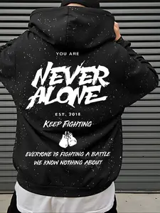 Men's Hooded Sweatshirt, Street Trendy Artistic Style Hoodies, "Never Alone" Print Design, Starry Sky Dyeing Process Pullover,  Casual Regular Loose Drawstring Hooded Sweatshirt, Suitable For Daily Vacation Outdoor Wear, Fall Outfits & Winter Outfits