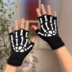 Hand Skeleton Gloves, Half Finger Gloves, Fingerless Knitted Winter Warm Sports Gloves, Suitable Music Festivals