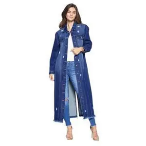 Women's Long Denim Jacket with Adjustable Belt - Casual