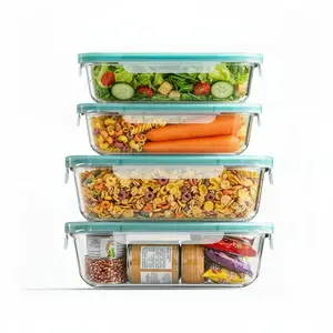【AREL】Extra-Large Capacity 4-Piece Glass Food Storage Container Set, Leak-Proof Design, Suitable For Outdoor Use And Takeout Work Meals, Resistant To High And Low Temperatures, Safe For Microwave, Dishwasher, And Refrigerator Use.