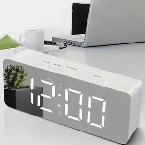 1pc Glow-In-The-Dark Mirror Black And White Digital LED Alarm Clock, USB Digital Led Display Electronic Dlarm Clock, Display Temperature Date Sleep 12/24H Time, Home Decor, Bedroom Decor, Brightness Dimmer (Battery Not Included),Home Decor ,Room Decor Gif