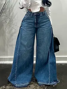 Vintage Wide Leg Jeans for Women, Y2K Unique Design Flare Pants Loose Fit Versatile Floor-Length Long Pants
