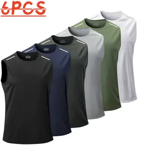 Men's 6-Pack Sleeveless Cropped Sports Vest, Quick-Dry Dry Fit Active Fabric, Reflective Shoulder Stripes, Trendy Breathable Gym Apparel, Essential Fitness Activewear for Outdoor Workouts summervibes,summervibes