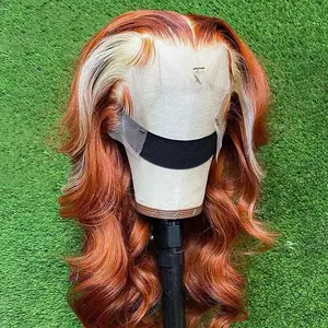 Aodbar Glueless Hair Wig - 13*4 HD Transparent Lace Frontal, Ginger Synthetic Hair with Blonde Skunk Stripe, Long Loose Wavy, Free Part, Heat Resistant Fiber, for Daily Use & Party, Glueless Hair Wigs, Hd Transparent Wigs