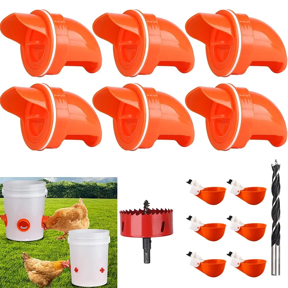 6-Pack Large ABS Automatic Mess-Free Chicken Waterer Cups - Gravity Feeder Kit with Fitting, Mounting Hole Opener for Poultry Waste Reduction, Ducks, Geese