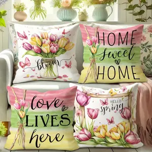 4-Piece Floral Butterfly Print Pillow Covers, 45x45cm, Hidden Zipper, Indoor Outdoor Decor, Living Room Bedroom Sofa Car Decoration