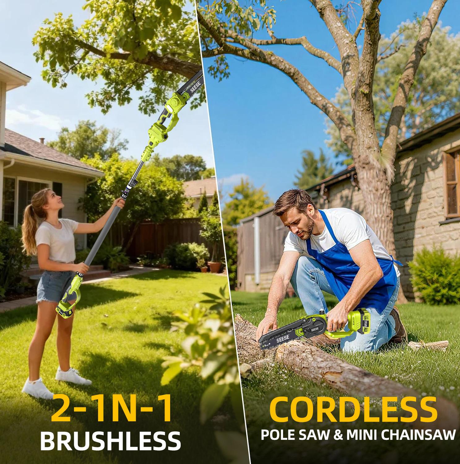 【FathersDayGift】SEESE 2 in 1 Mini Chainsaw with 2 x 21V Batteries, 8" Brushless Electric Pruner, Telescopic Pruning Saw, Working Height up to 15ft, 180° Angled Head, Shoulder Strap