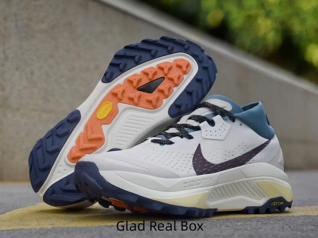 White Navy Orange Multi-Trail Hiking Running Shoes Breathable Perforated Mesh Upper Purple Side Swoosh Vibram Deep Lug Outsole Shock Absorbing Stacked Midsole Unisex All-Terrain Athletic Sneakers