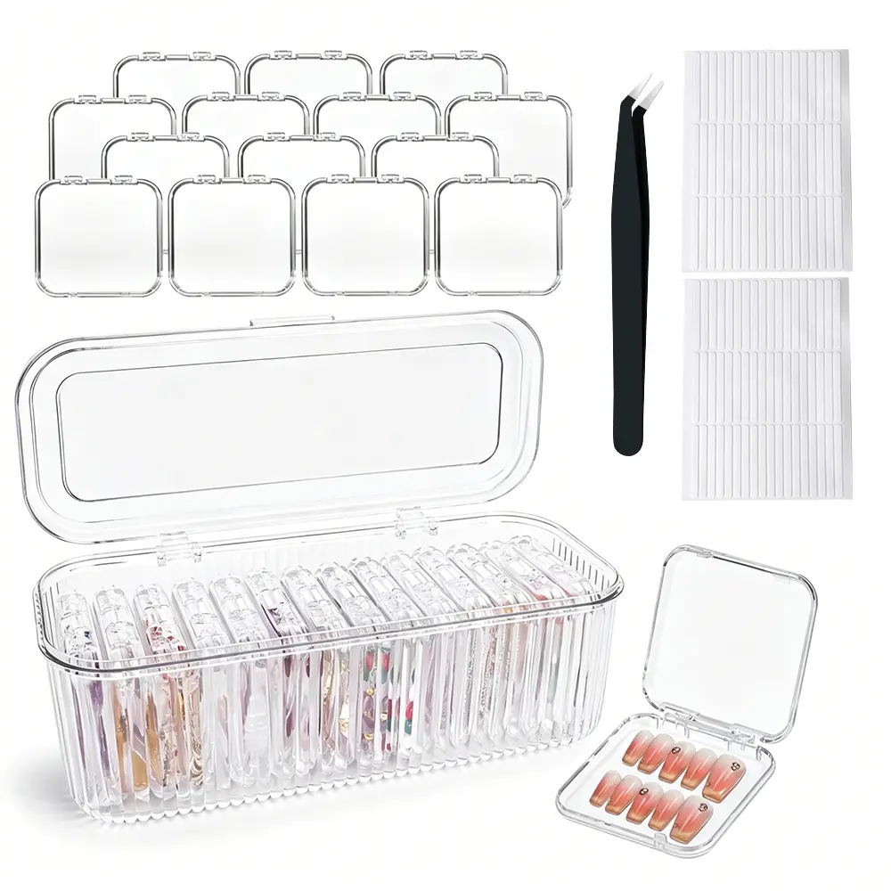 Press On Nail Organizer 14 PCS Clear Press On Nail Storage Boxes and 1 Big Storage box with 54 Pcs *2Adhesive Double Sided Tape,Press On Nail Packaging for Fake Nail Storage Nail Display Nail Salon.