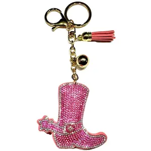 Cowgirl Boot Pink Bling Keychain, Rhinestone design, Tassel Decor Sport Keychain for Men, Women, Kids Bling Backpack Keyrings, Purse Charms