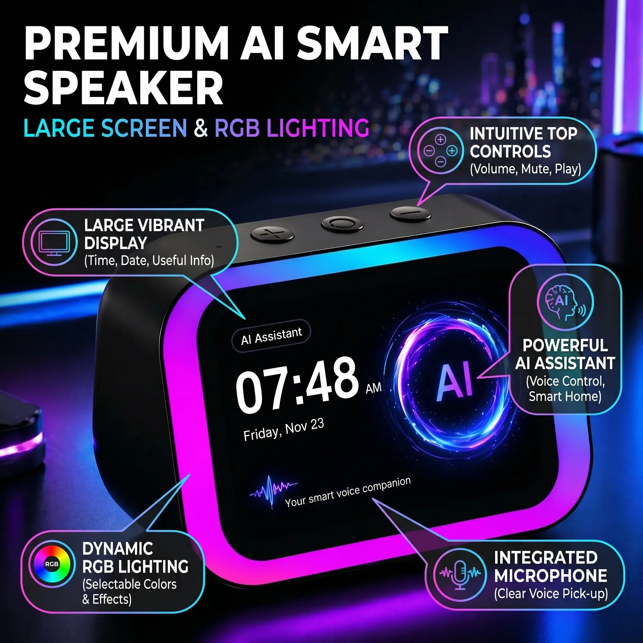 Modern Smart Digital Alarm Clock with Voice Assistant, Aesthetic Desktop Clock with Live Weather Display for Bedroom Home Office Setup