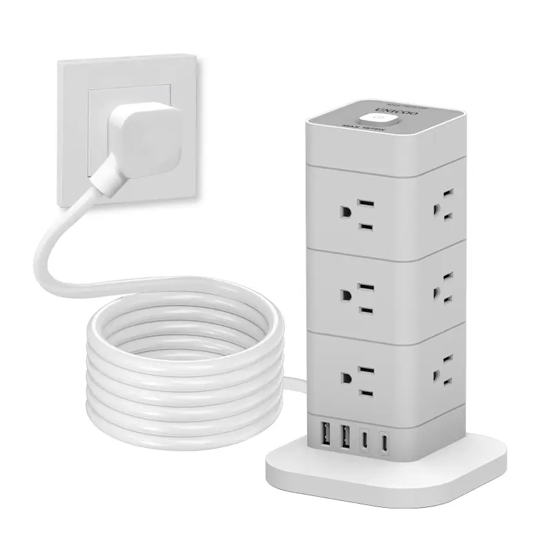 UNICOO Tower Power Strip with Surge Protector, 12 AC & 2 USB Ports, 2 USB-C, 6.5 Ft Cord, 16-in-1 Charging Station, Compact Flat Plug