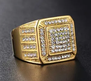 Titanium Steel Vacuum HIPHOP Men's Ring, with Crystal Balls besprinkled on Golden Ring