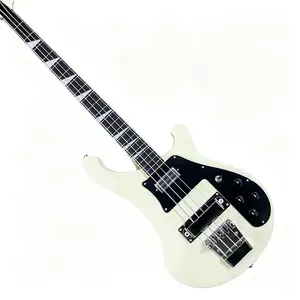 White bass electric guitar with rosewood fretboard, 4 strings, chrome hardware, suitable for both stage and recording studio.