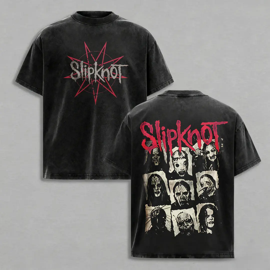 Unisex Vintage Acid Washed Slipknot Band Portrait Graphic 100 Percent Cotton Short Sleeve T Shirt Dark Y2K Punk Streetwear Top Suitable for Daily Errands Road Trip Gym Training Ideal Daily Outfit and Holiday Gift Apparel for Rock Music Enthusiasts