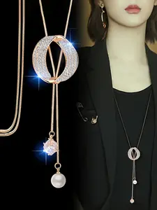 New Fashion O-Shaped Sparkling Rhinestone Long Sweater Chain, Versatile Clothes Decoration Necklace, Trendy Jewelry Accessory, Elegant Rhinestone Necklace, Rhinestone Decorated Necklace