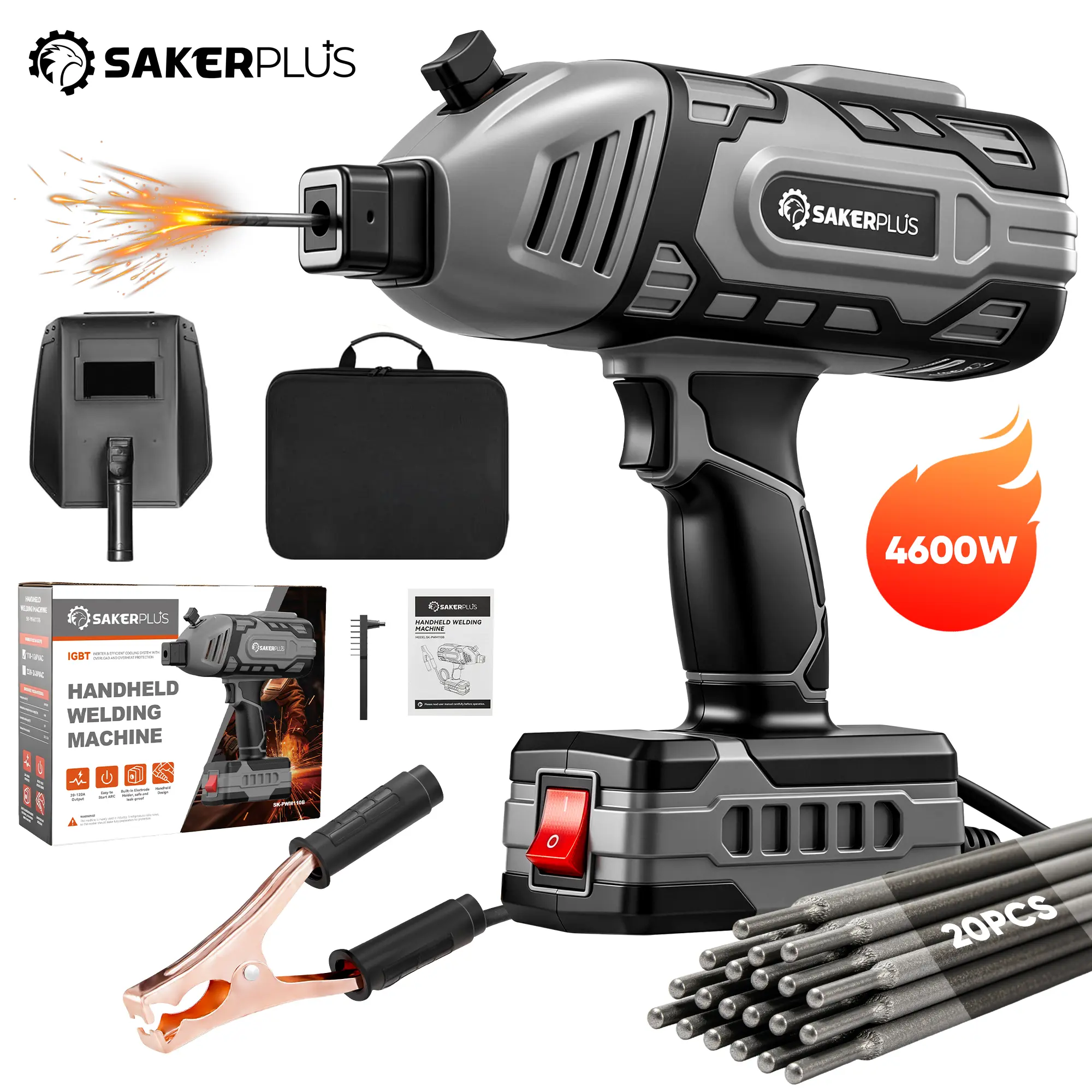 【FathersDayGift】Saker Portable Welding Machine- 110-Volt Portable Welding Machine, Handheld Type, Using IGBT Converter, Capable of Achieving 5 Current Adjustments, Portable Arc Welding Gun, Suitable for 3/32 Inch Steel Bars, Equipped with Welding Rods