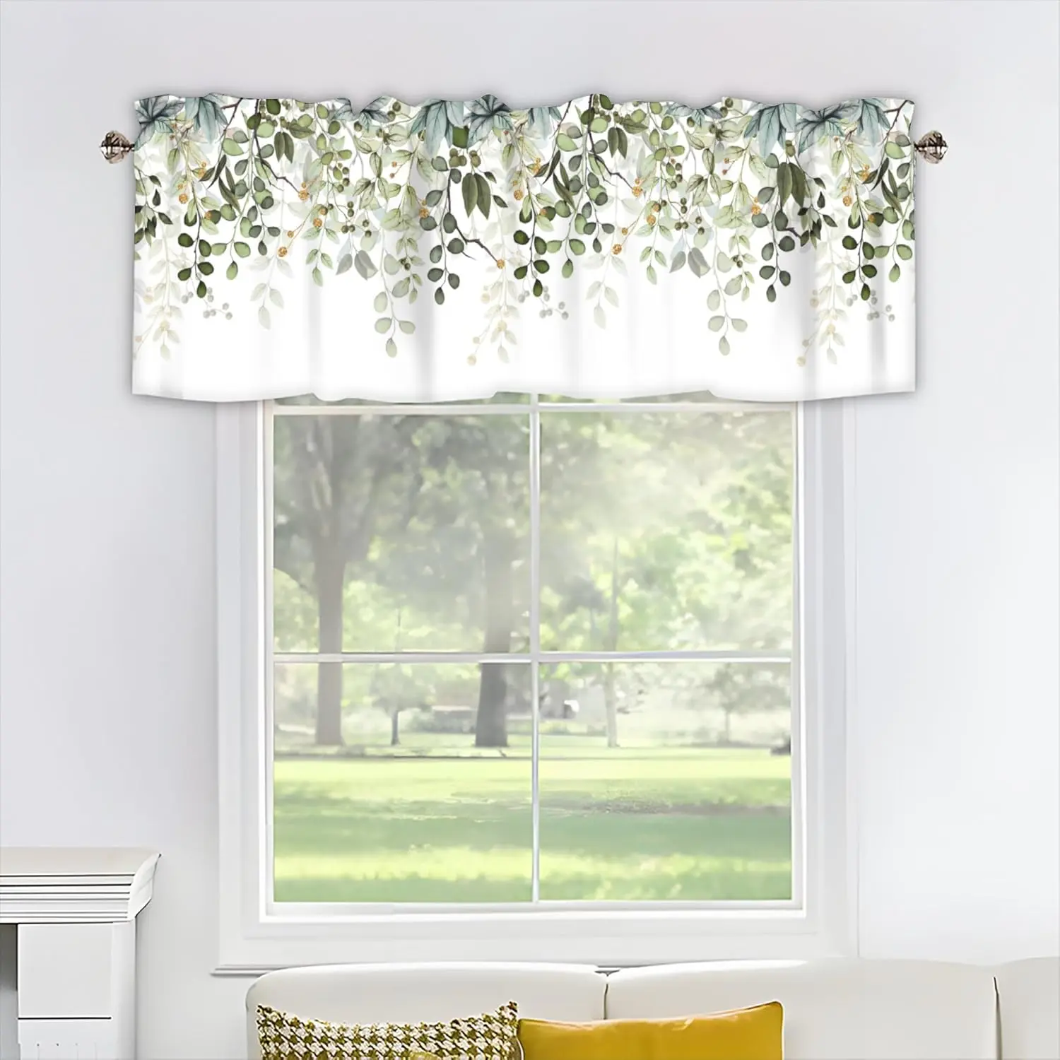 Traditional Wrinkle-Resistant Watercolor Eucalyptus Leaves Valance, Sage Green Home Decoration Curtain, 1 Panel 54x18 In Small Window Valances for Kitchen Bathroom Short Window Treatment