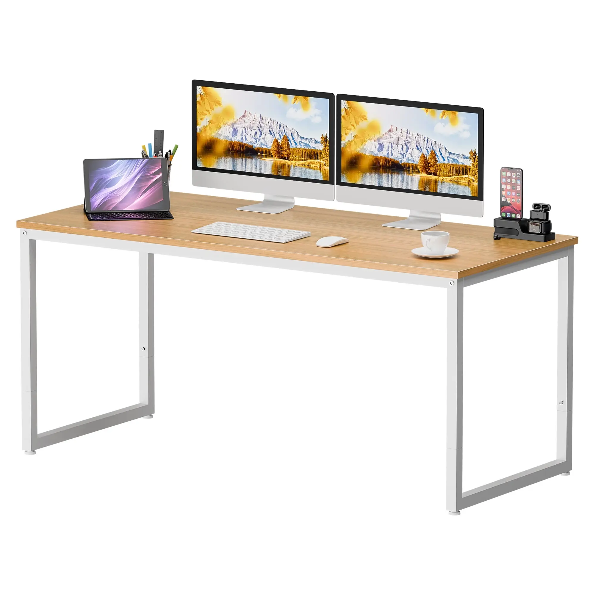 Segawe 55" Modern Rectangular MDF+Metal Laptop Computer Desk with Monitor Stand - Lightweight Metal Frame, Natural Finish, Large Surface Home Office Corner Workstation, Quick Setup,summerwins