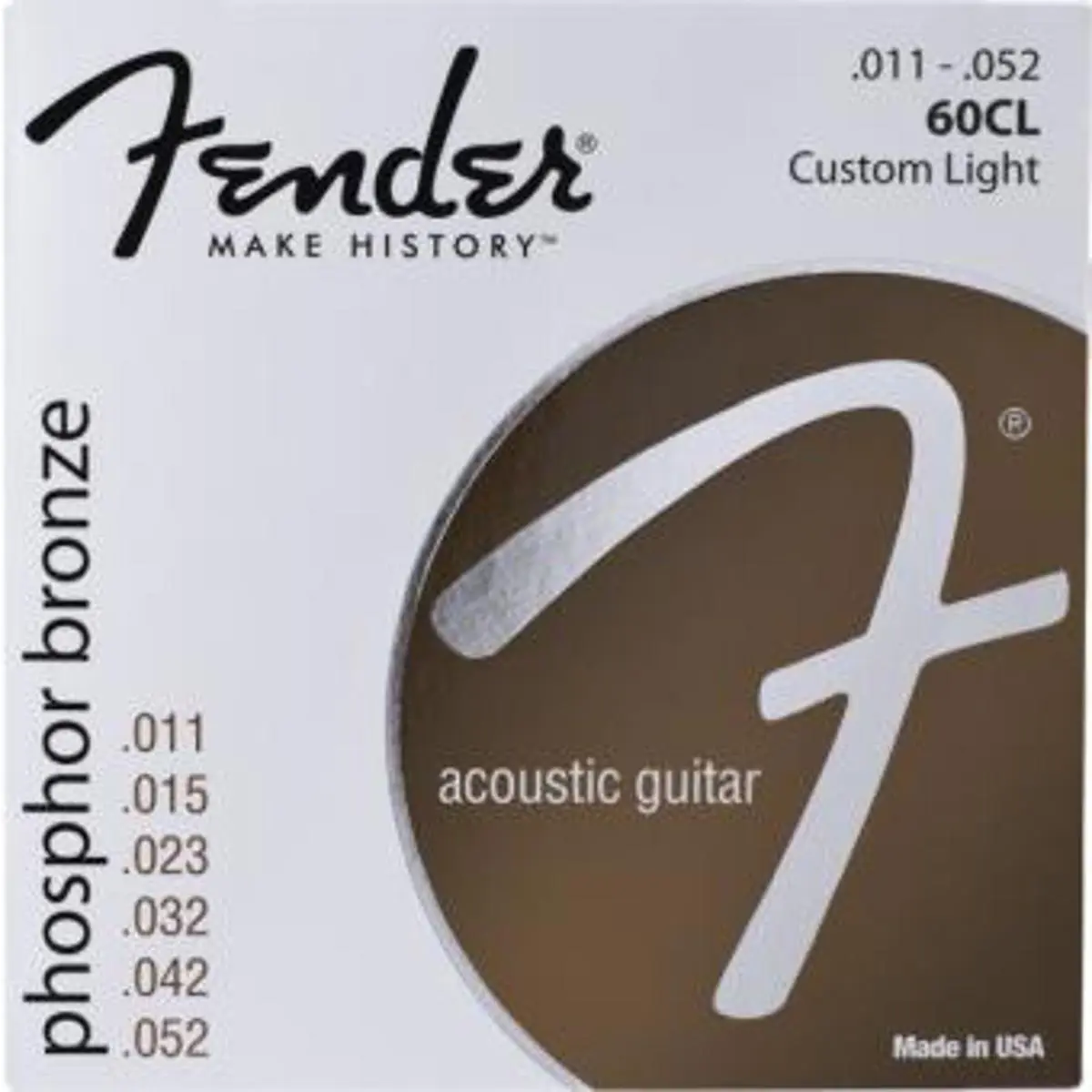 Fender 60CL Custom Light Phosphor Bronze Acoustic Guitar Strings, Ball End, .011 - .052 Gauges, Set of 6 Strings