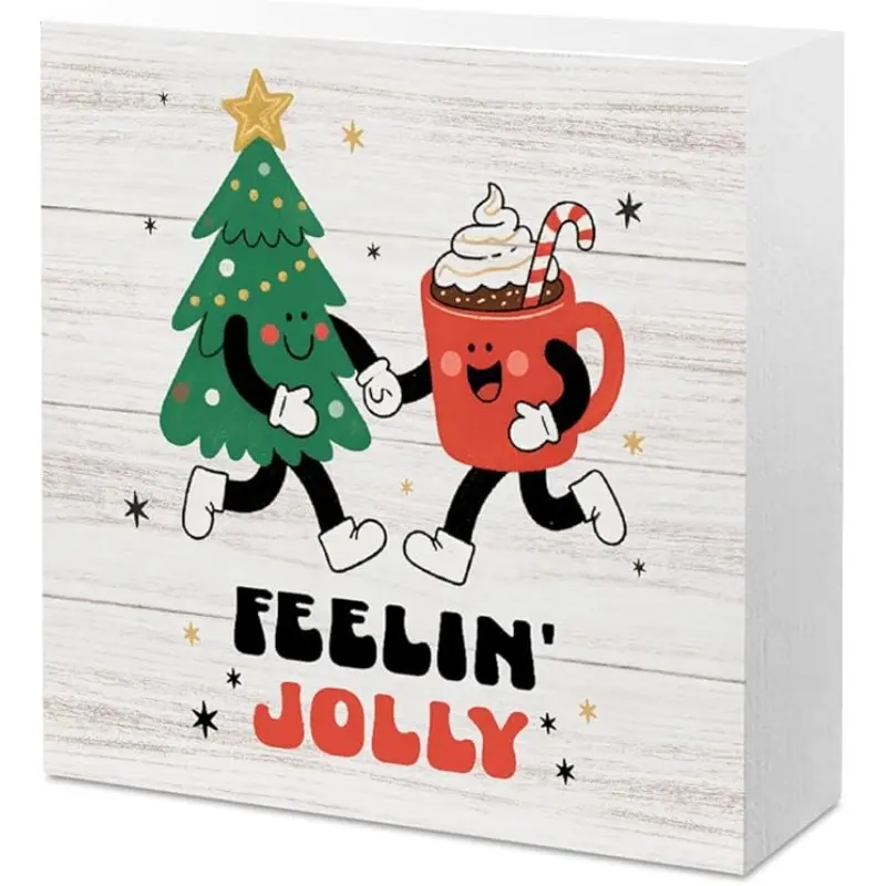 Christmas Coffee Decor Christmas Tree Decorations Indoor for Coffee Bar Station Desk Accessories Home Kitchen Decor Jolly And Caffeinated Sign Table Wooden Box Signs 5 X 5 Inch