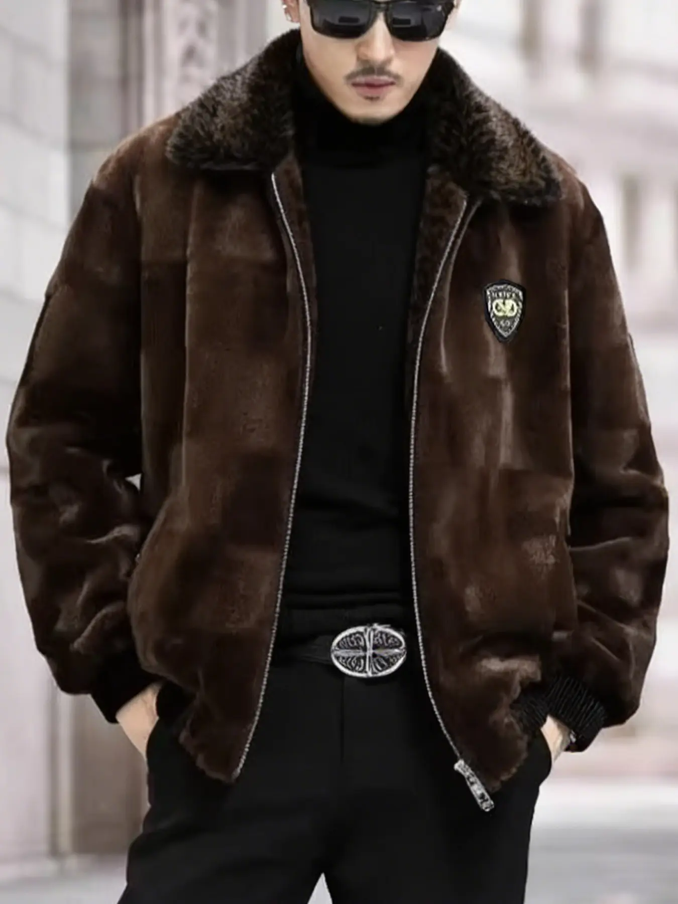 Men's Plaid Faux Fur Coat with Eagle Badge, Long Sleeve Slim Fit Casual Outerwear, Knee-Length Warm Jacket, Fashionable and Versatile, Casual Fitted Coat