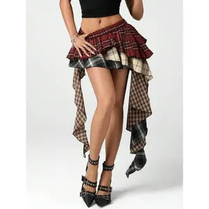 AsymmetricRuffledHemMixedPlaidMiniSkirtBottomsCotton