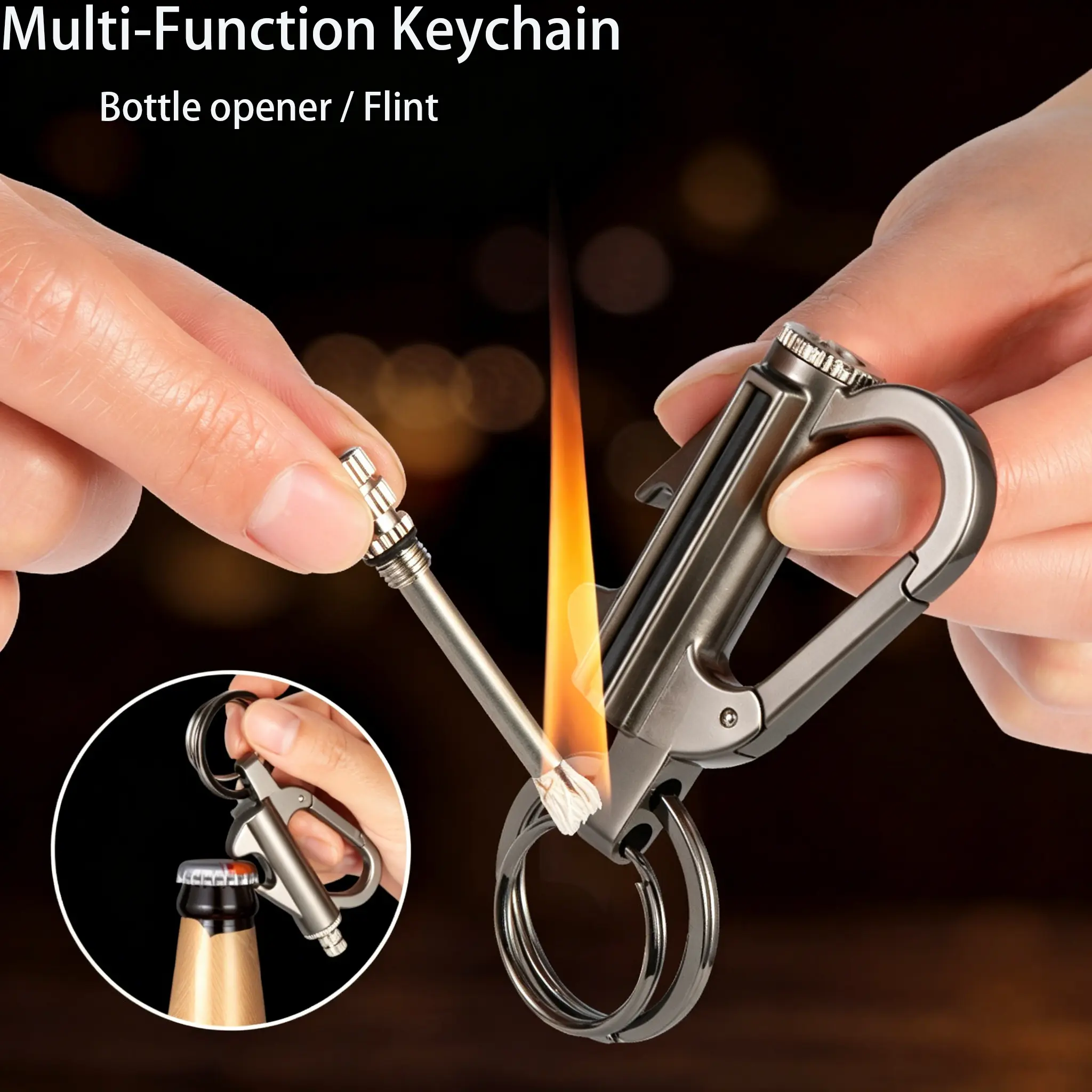 3-in-1 Flint Fire Starter Keychain - Waterproof, Windproof, Refillable Kerosene Permanent Match with Bottle Opener, Emergency Survival EDC Multitool for Camping, Hiking, Metal Gift for Men（Doesn't include fuel）
