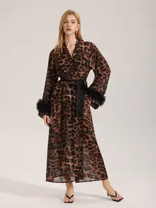 Leopard Print Pearl Lace Robe for Women, Long Sleeve, V Neck Deep Cut, Soft Comfortable Chic Home Wear, Nightwear, Loungewear, Perfect Valentine's Day Gift