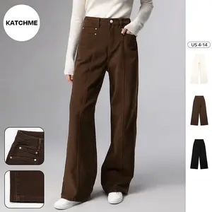 KatchMe Women's Minimalist High Waist Multi-Pocket Soft Stretch Wide Leg Trousers, Cozy Cotton Fall Outfits for Lady, Versatile Women's Bottom（CN）