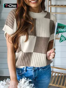 Women's Plaid Pattern Round Neck Sweater, Casual Slim-fitting Jumper for Daily Wear, Ladies Knitwear for All Seasons, Cozy Breathable Outfits