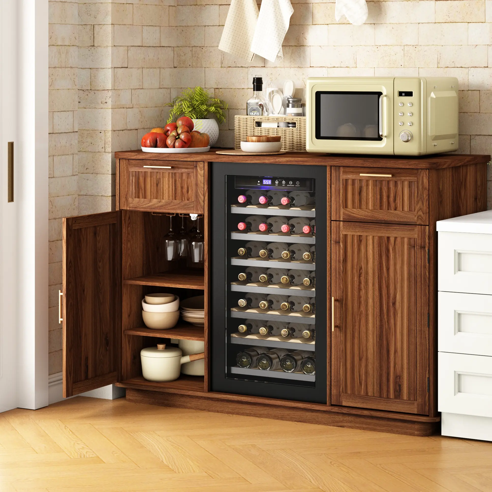 PieDle Mini Fridge Cabinet with Storage & Power Outlet, Walnut | Bar Cabinet with Fridge Space, Fluted Wine Bar with Wine Rack & Drawers, Coffee Station for Living Room & Dining Room