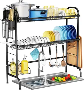 3-Tier Over The Sink Dish Drying Rack,Stainless Steel Dish Rack with Cutlery Holder & Chopping Board Rack, 33.9” x 11.4” x 32.3” for Maximum Kitchen Storage（Black）