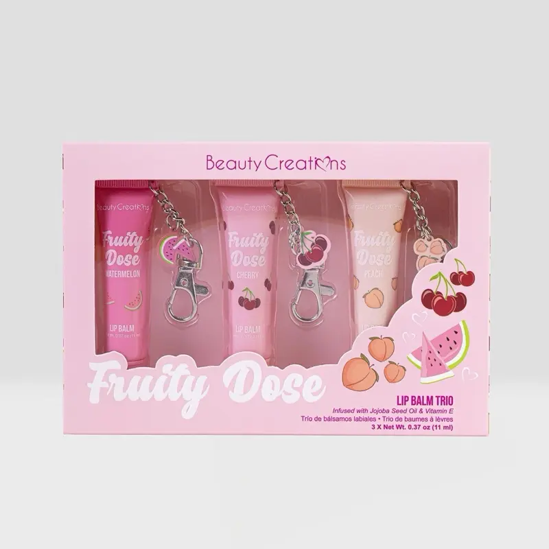 BeautyCreations Fruity Dose Keychain Lip Gloss Balm Trio Makeup Set - Watermelon, Jojoba Seed Oil & Vitamin E Infused, 3 Tubes (0.37 oz Each) Hydrating Keychain Pack for On-the-Go Lip Care, Compact Cosmetic Products
