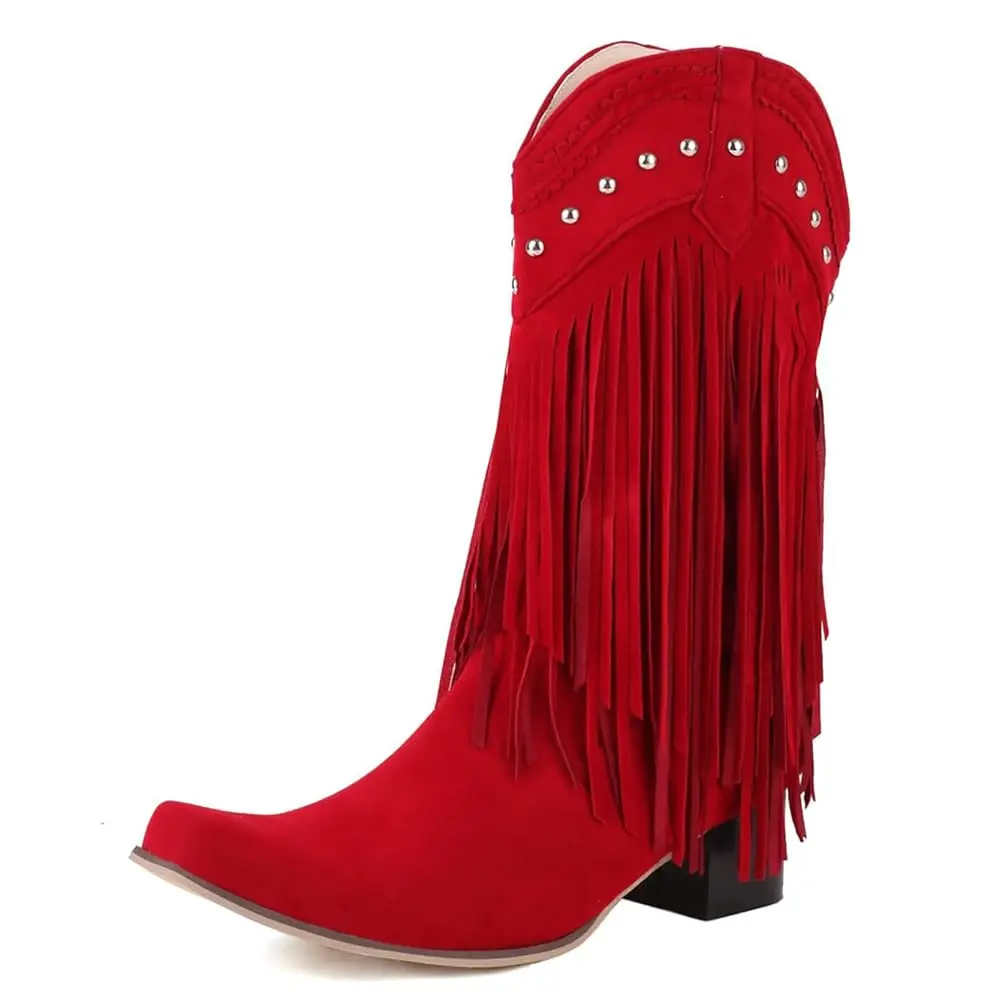 Women's Red Western Cowgirl Boots with Tassel Fringe, Pointed Snip Toe, and Chunky Block Heel - Mid Calf Pull-On Style in Soft PU Leather