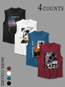Men's LA Palm Tree 4-Pack Sleeveless Printed Graphic Tank Tops – Premium Cotton Muscle Tees, Summer Streetwear Casual Tops (4 Colors Available)