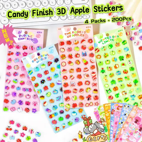 [4 Packs/200pcs of 3D Fruit Stickers] Candy Finish, Waterproof, 3D Durable Stickers, 200pcs Non-duplicate Fruit Stickers, 10 Extra Sticker Sheets as Freebies | Journal Supplies, DIY, Deco, Laptop & Phonecase Stickers, Keyboard Deco