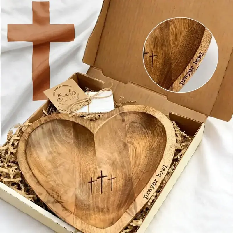 Handcrafted Vintage Prayer Bowl, Wooden Heart Shaped Prayer Bowl with 24 Prayer Cards, Cross & Letter Pattern, Religious Decorations Dough Bowls, Home Decor, Church Ornaments, Christian Gifts for Mother Women, St. Patrick's Day Gifts, Easter Sunday Gifts