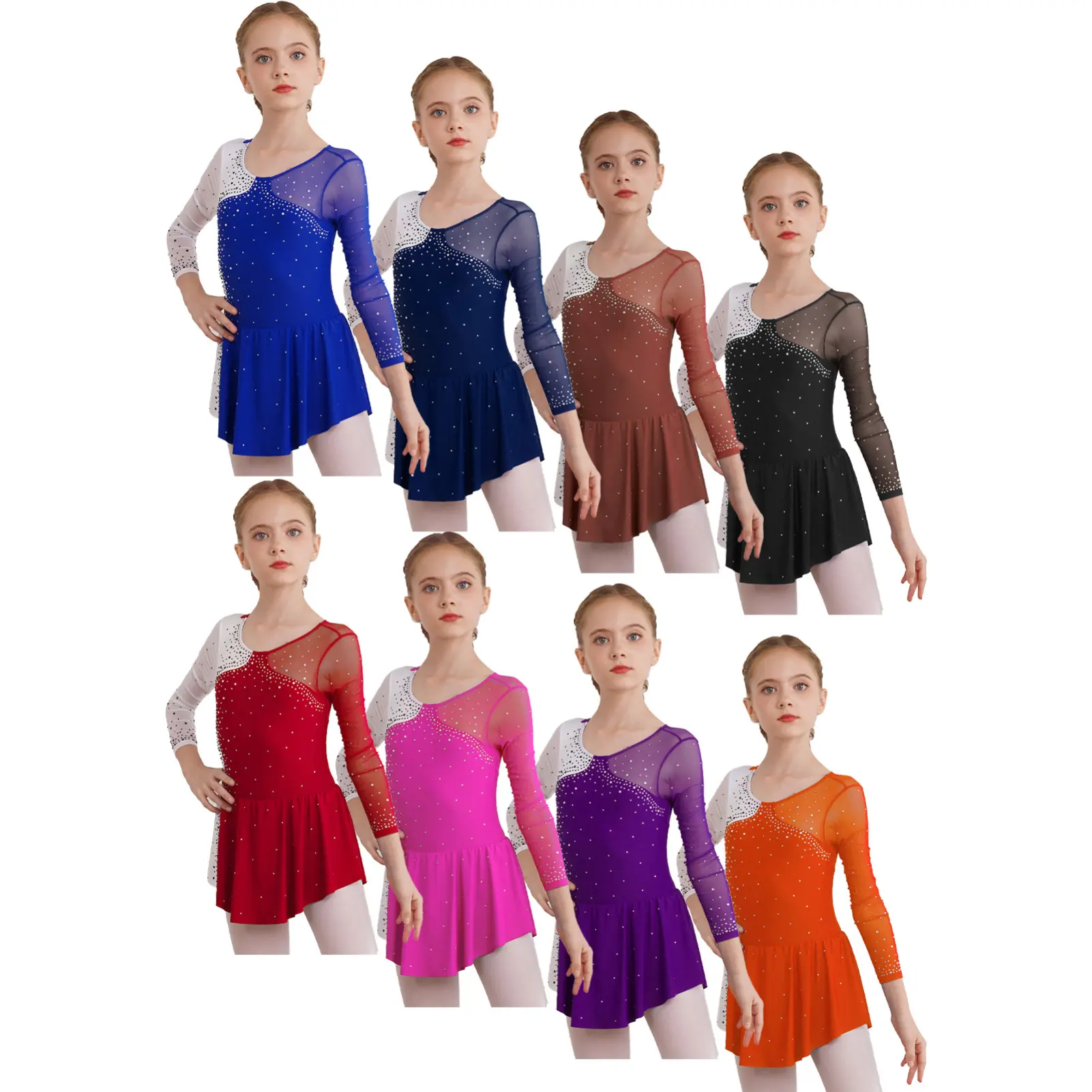 Kids Girls Stylish Clothing Long Sleeve Decorated Patchwork Contrast Color Skating Dance Dress, Fitted Cut, 19.5"/50Cm, 1Pc Dance Dress