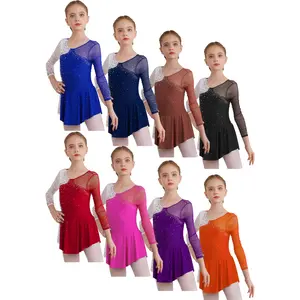 Kids Girls Stylish Clothing Long Sleeve Decorated Patchwork Contrast Color Skating Dance Dress