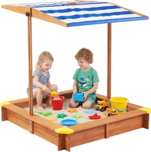 Kids Cedar Wooden Sandbox with Cover & Adjustable Canopy - 46.5" Large Outdoor Backyard Sandpit Toy for Sand Castle Play