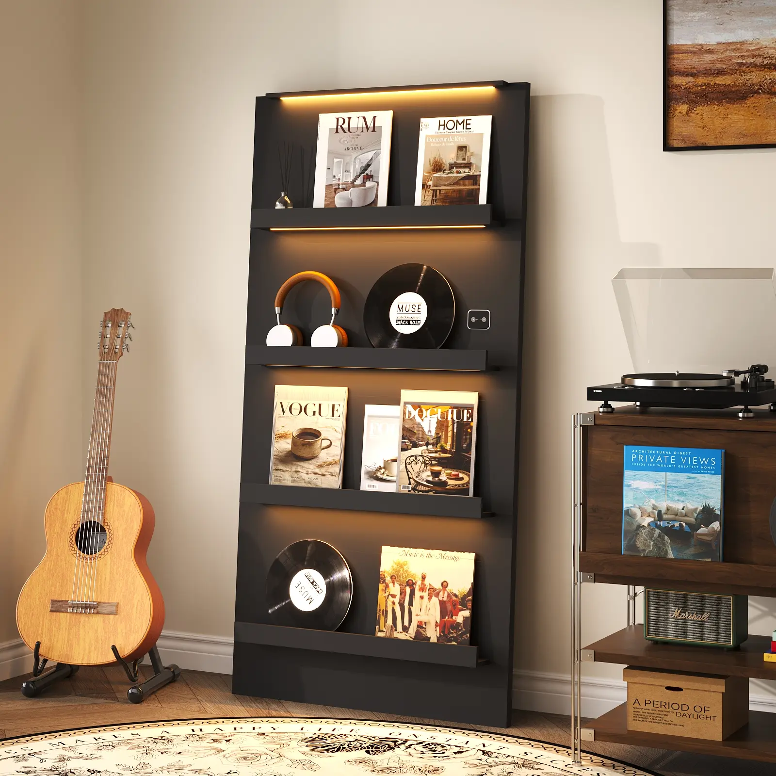 MIIFUNY Vinyl Record Display Shelf, 63" Tall Vinyl Record Storage with 3-Color LED Lights & Motion Sensor, 4-Tier Record Holder for CD, DVD, Magazine, Display Stand for Living Room, Black