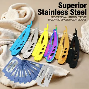Colorful Stainless Steel Razors,Professional Men's Shaver, Straight Razors, Straight Edge Barber Razor with 20 Replaceable Blades, Manual Beard Shaving Care Tool Stainless Steel Professional Barber Razor Straight Edge Razor safety