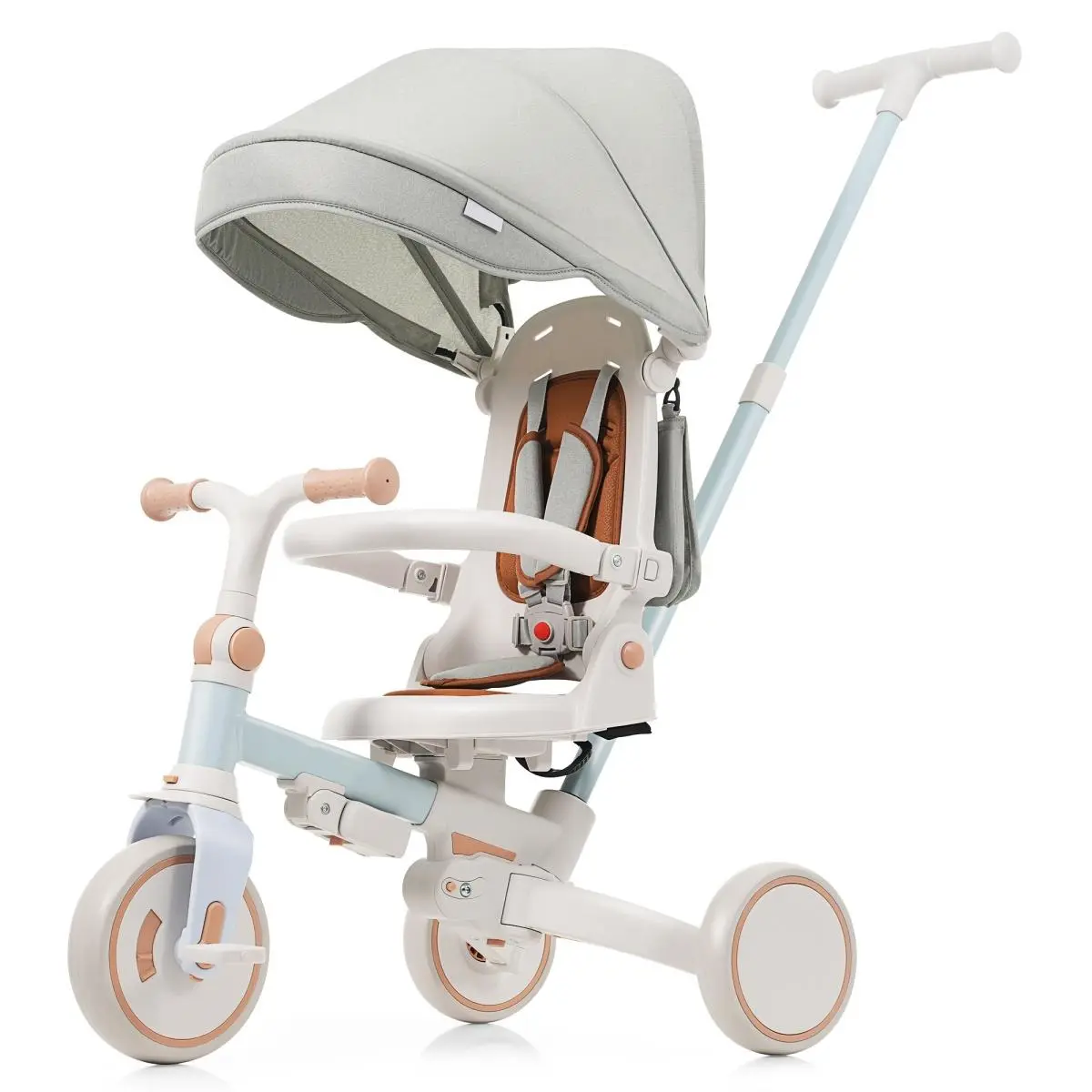 Aobtkel,7 in 1 Baby Tricycle, Foldable Toddler Tricycle with Removable and Adjustable Parent Handle, Toddler Push Bike with Removable Pedal, Canopy, and Guardrail, Tricycle for 12-72 Months, ivory and brown#Summervibes