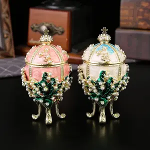 Luxury Pearl Crown Faberge Style Egg Shaped Jewelry Box, Enamel Lily Design Ornament Storage Box, Solve Necklace Tangles & Vanity Clutter